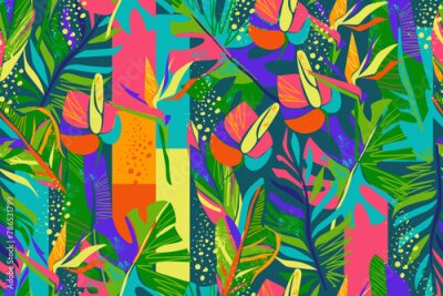 Papier peint  Seamless pattern with tropical flowers, leaves and abstract elements. Colorful bright summer pattern. Monstera, palm, croton leaves, anthurium flowers, strelitzia. Modern exotic jungle. Vector.