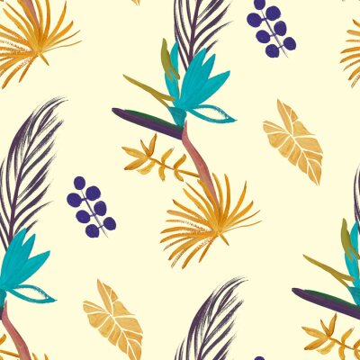 Papier peint  Seamless pattern with tropical flowers of royal strelitzia and leaves on a light yellow background. A modern multi-colored herbarium of dried flowers for summer textiles and surface design