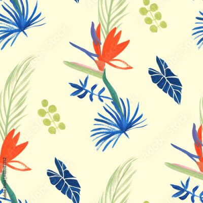 Papier peint  Seamless pattern with tropical flowers of royal strelitzia and leaves on a light yellow background. A modern multi-colored herbarium of dried flowers for summer textiles and surface design