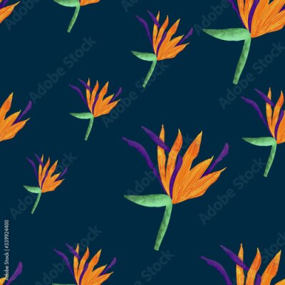 Papier peint  seamless pattern with tropical flowers on dark blue background. Strelitzia print. Summer pattern. Packaging, wallpaper, textile, fabric design