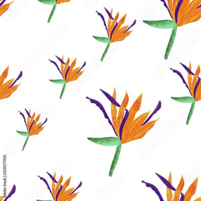 Papier peint  seamless pattern with tropical flowers on white background. Strelitzia botany summer print. Elegant pattern. packaging, wallpaper, textile design