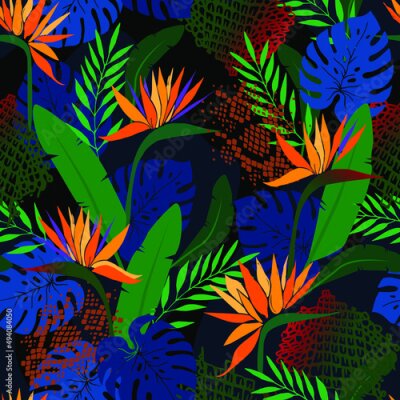 Papier peint  Seamless pattern with tropical flowers Strelitzia and leaves, snake, crocodile skin. Floral and Monstera leaf pattern. Hand drawn vector illustration
