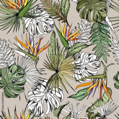 Papier peint  Seamless pattern with tropical leaves and exotic strelitzia flowers. Hand drawn vector on beige background.