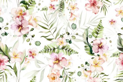 Papier peint  Seamless pattern with tropical leaves and flowers. watercolor  Botanic