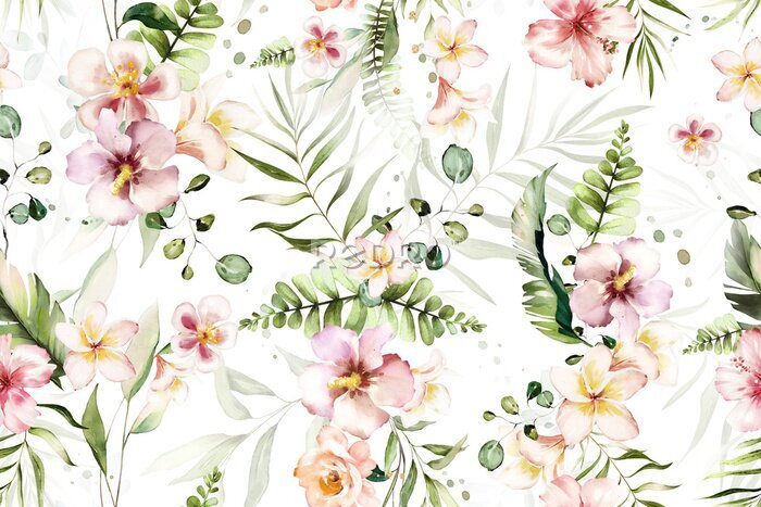 Papier peint  Seamless pattern with tropical leaves and flowers. watercolor  Botanic