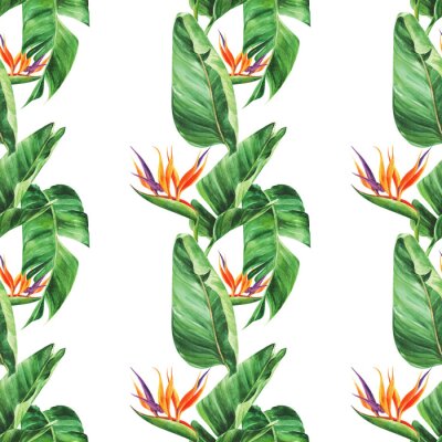 Papier peint  Seamless pattern with  tropical leaves, strelitzia on an isolated white background, watercolor jungle, botanical drawing.