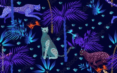 Papier peint  Seamless pattern with tropical print on a beige, cream background. Running, hunting and seated jaguars in the jungle. Trees, palm leaves, plants, Strelitzia flowers and animals of the rainy forest.