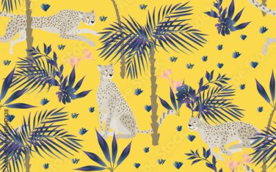 Papier peint  Seamless pattern with tropical print on a beige, cream background. Running, hunting and seated jaguars in the jungle. Trees, palm leaves, plants, Strelitzia flowers and animals of the rainy forest.