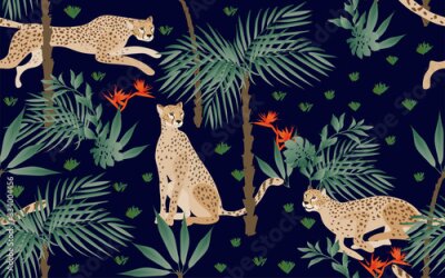 Papier peint  Seamless pattern with tropical print on a beige, cream background. Running, hunting and seated jaguars in the jungle. Trees, palm leaves, plants, Strelitzia flowers and animals of the rainy forest.