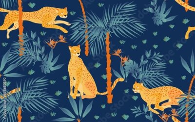 Papier peint  Seamless pattern with tropical print on a beige, cream background. Running, hunting and seated jaguars in the jungle. Trees, palm leaves, plants, Strelitzia flowers and animals of the rainy forest.