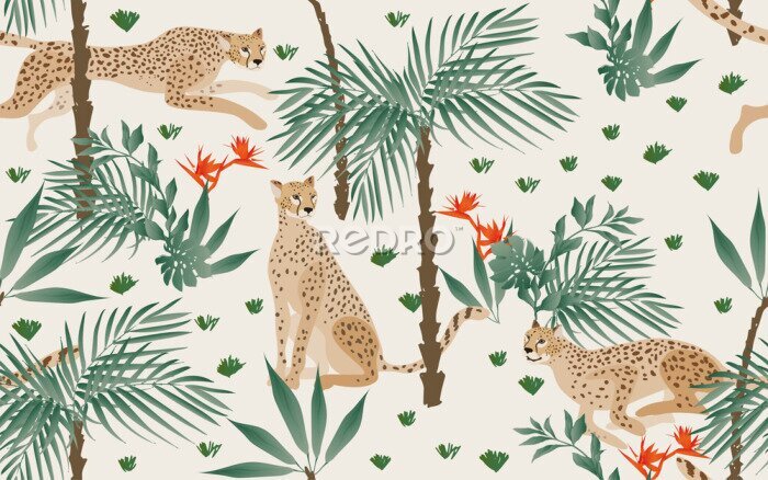 Papier peint  Seamless pattern with tropical print on a beige, cream background. Running, hunting and seated jaguars in the jungle. Trees, palm leaves, plants, Strelitzia flowers and animals of the rainy forest.