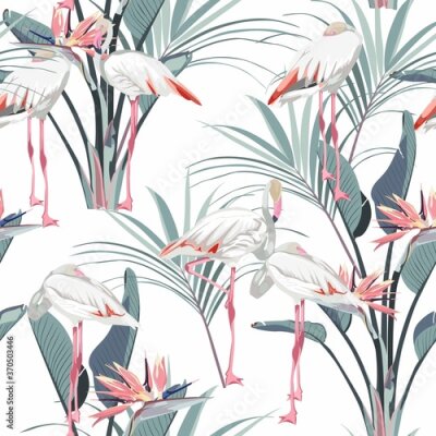 Papier peint  Seamless pattern with white flamingos and pink mint tropical strelitzia flowers with leaves. Simple design for fabric. Light pattern. White background.