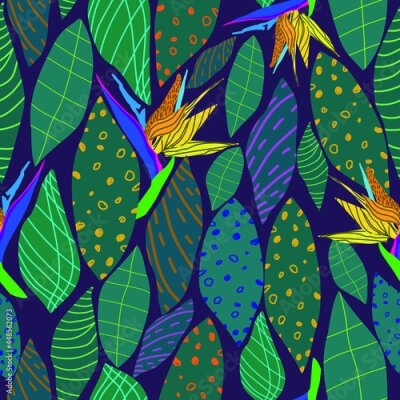 Papier peint  Seamless pattern with yellow-orange flowers of the royal strelitzia on a purple background.For decorating fabrics and surfaces,for printing brochures,posters, parties,vintage textile design,postcards