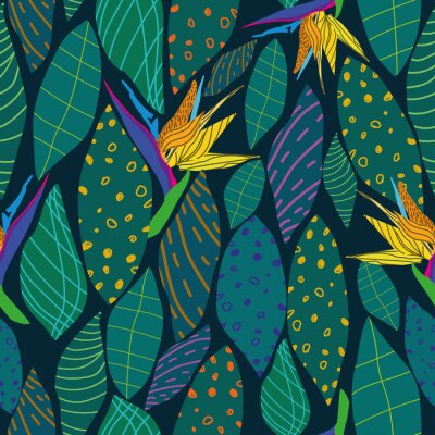 Papier peint  Seamless pattern with yellow-orange royal strelitzia flowers on a blue background .