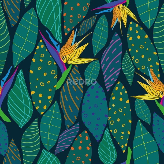 Papier peint  Seamless pattern with yellow-orange royal strelitzia flowers on a blue background .