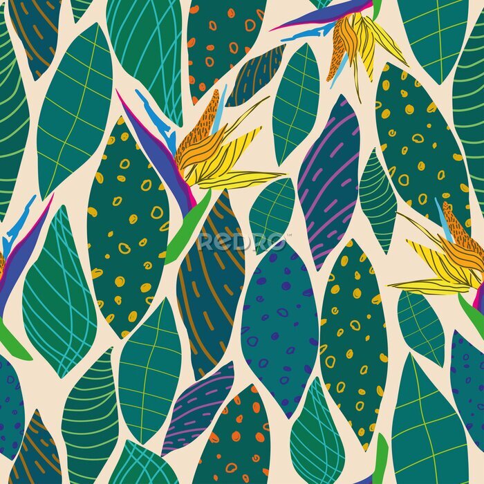 Papier peint  Seamless pattern with yellow-orange royal strelitzia flowers on a milky background .....