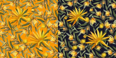 Papier peint  Seamless pattern with yellow tropical flowers and leaves of Strelitzia Reginae. Realistic style, hand drawn. Background for prints, fabric, wallpapers, wrapping paper, fashion.