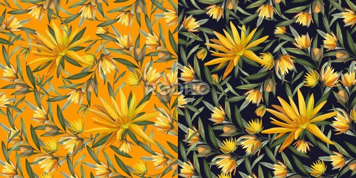 Papier peint  Seamless pattern with yellow tropical flowers and leaves of Strelitzia Reginae. Realistic style, hand drawn. Background for prints, fabric, wallpapers, wrapping paper, fashion.