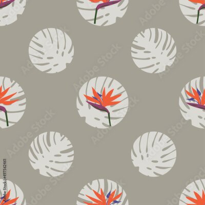 Papier peint  Seamless polka dot pattern with strelitzia flowers. Vector tropical floral background.	
