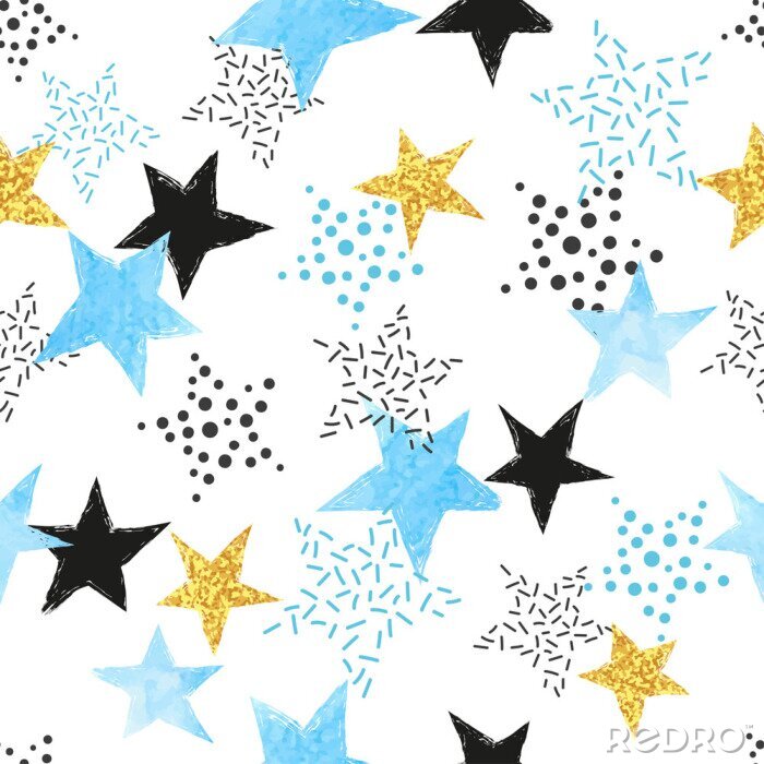 Papier peint  Seamless Stars pattern. Vector background with watercolor blue and glittering golden stars.