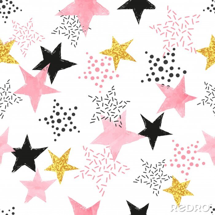 Papier peint  Seamless Stars pattern. Vector background with watercolor pink and glittering golden stars.