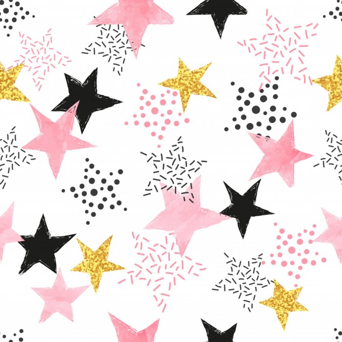 Papier peint  Seamless Stars pattern. Vector background with watercolor pink and glittering golden stars.