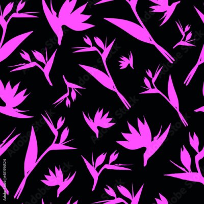 Papier peint  Seamless strelitzia pattern. Vector pink flower pattern isolated on black background. Strelitzia, tropical flower, crane lily, bird of paradise. Design for fashion textile, decoration.