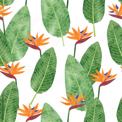 Papier peint  Seamless Strelitzia Reginae pattern with watercolor flowers and leaves. Vector tropical bird paradise flower background