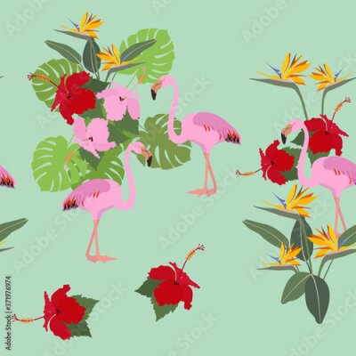 Papier peint  Seamless summer tropical pattern with flamingo, palm leaves and flowers hibiscus, strelitzia.