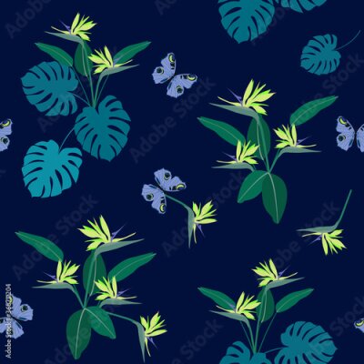 Papier peint  Seamless summer vector illustration with butterflies and strelitzia
