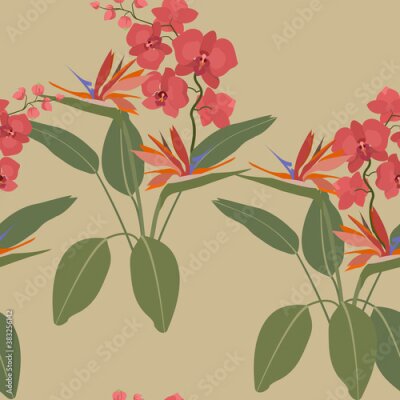 Papier peint  Seamless summer vector illustration with orchids and strelitzia