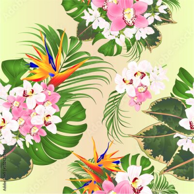 Papier peint  Seamless texture bouquet with tropical flowers  floral arrangement with beautiful Strelitzia  and white and pink orchids Cymbidium  palm,philodendron  ficus watercolor vintage vector 