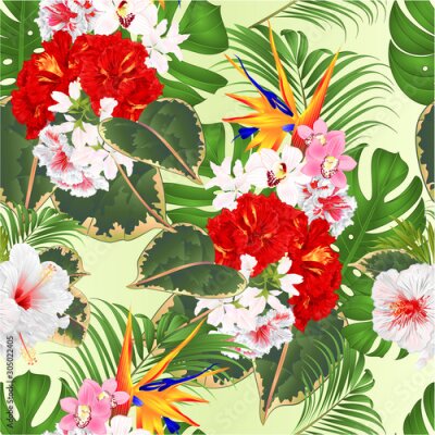 Papier peint  Seamless texture bouquet with tropical flowers  floral arrangement with beautiful Strelitzia  and white and red hibiscus and orchids Cymbidium  palm,philodendron  ficus vintage vector illustration