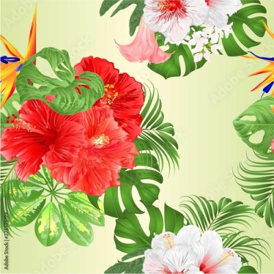 Papier peint  Seamless texture bouquet with tropical flowers  floral arrangement with  Strelitzia and pink and white hibiscus   palm,philodendron and Schefflera and Monstera watercolor vintage vector 