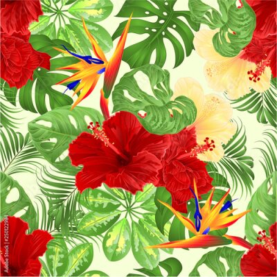 Papier peint  Seamless texture bouquet with tropical flowers  floral arrangement with  Strelitzia and red and yellow hibiscus   palm,philodendron and Schefflera and Monstera  vintage vector illustration  editable