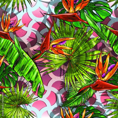 Papier peint  Seamless texture on the theme of the tropics, jungle from palm leaves, monstera, banana leaves, strelitzia and heliconia flowers combined with a semicircle texture.