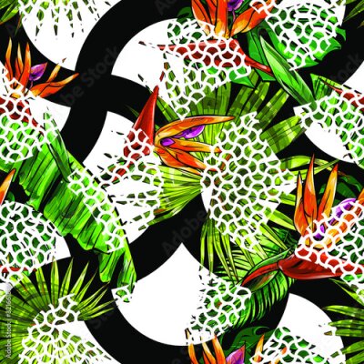 Papier peint  Seamless texture on the theme of the tropics, jungle from palm leaves, monstera, banana leaves, strelitzia and heliconia flowers combined with a semicircle texture.