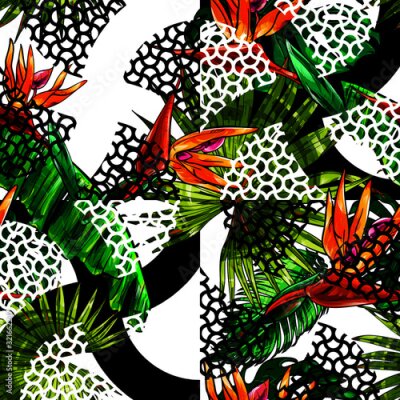 Papier peint  Seamless texture on the theme of the tropics, jungle from palm leaves, monstera, banana leaves, strelitzia and heliconia flowers combined with a semicircle texture.