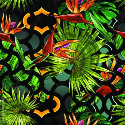 Papier peint  Seamless texture on the theme of the tropics, jungle from palm leaves, monstera, banana leaves, strelitzia and heliconia flowers combined with a semicircle texture.
