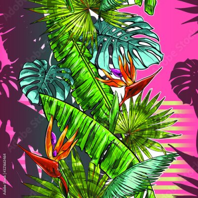 Papier peint  Seamless texture on the theme of the tropics, jungle from palm leaves, monstera, banana leaves, strelitzia and heliconia flowers. Template for printing, fabrics, packaging.