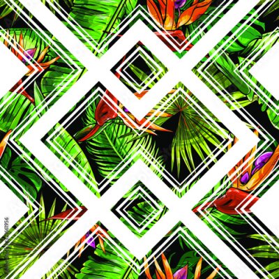 Papier peint  Seamless texture on the theme of the tropics, jungle from palm leaves, monstera, banana leaves, strelitzia and heliconia flowers. Template for printing, fabrics, packaging.