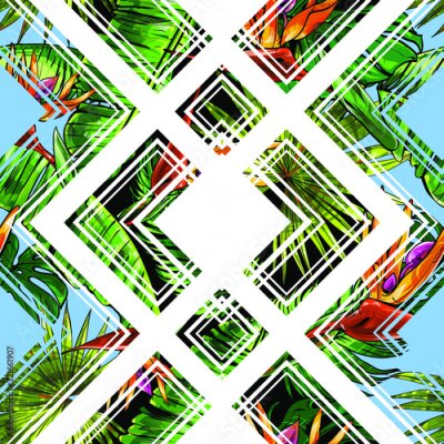 Papier peint  Seamless texture on the theme of the tropics, jungle from palm leaves, monstera, banana leaves, strelitzia and heliconia flowers. Template for printing, fabrics, packaging.