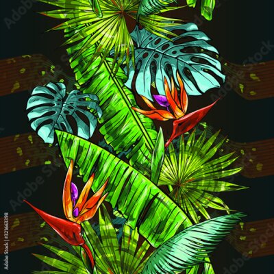 Papier peint  Seamless texture on the theme of the tropics, jungle from palm leaves, monstera, banana leaves, strelitzia and heliconia flowers. Template for printing, fabrics, packaging.
