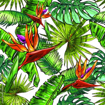 Papier peint  Seamless texture on the theme of the tropics, jungle from palm leaves, monstera, banana leaves, strelitzia and heliconia flowers. Template for printing, fabrics, packaging.