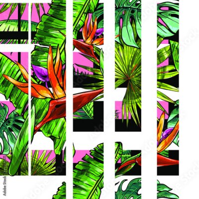 Papier peint  Seamless texture on the theme of the tropics, jungle from palm leaves, monstera, banana leaves, strelitzia and heliconia flowers. Template for printing, fabrics, packaging.