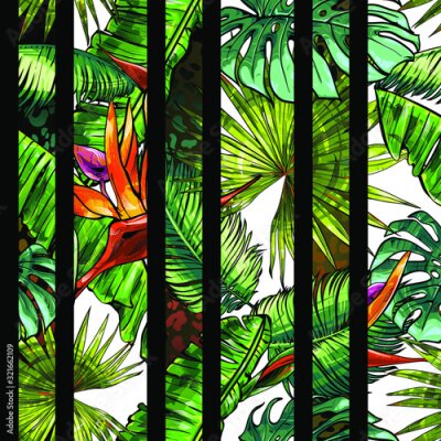 Papier peint  Seamless texture on the theme of the tropics, jungle from palm leaves, monstera, banana leaves, strelitzia and heliconia flowers. Template for printing, fabrics, packaging.