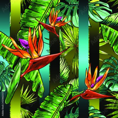 Papier peint  Seamless texture on the theme of the tropics, jungle from palm leaves, monstera, banana leaves, strelitzia and heliconia flowers. Template for printing, fabrics, packaging.