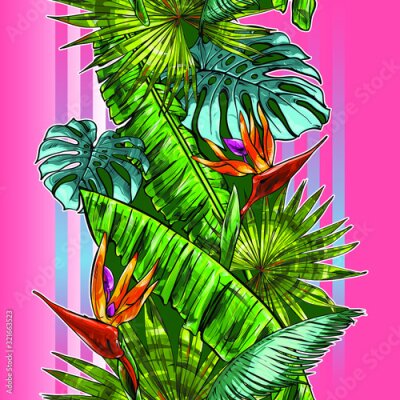 Papier peint  Seamless texture on the theme of the tropics, jungle from palm leaves, monstera, banana leaves, strelitzia and heliconia flowers. Template for printing, fabrics, packaging.
