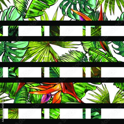 Papier peint  Seamless texture on the theme of the tropics, jungle from palm leaves, monstera, banana leaves, strelitzia and heliconia flowers. Template for printing, fabrics, packaging.