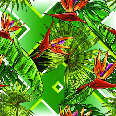 Papier peint  Seamless texture on the theme of the tropics, jungle from palm leaves, monstera, banana leaves, strelitzia and heliconia flowers. Template for printing, fabrics, packaging.